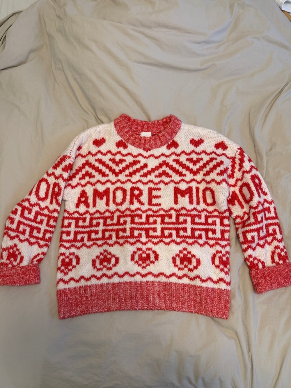 H&M White and Red 'AMORE MIO' Knit Crewneck Sweater